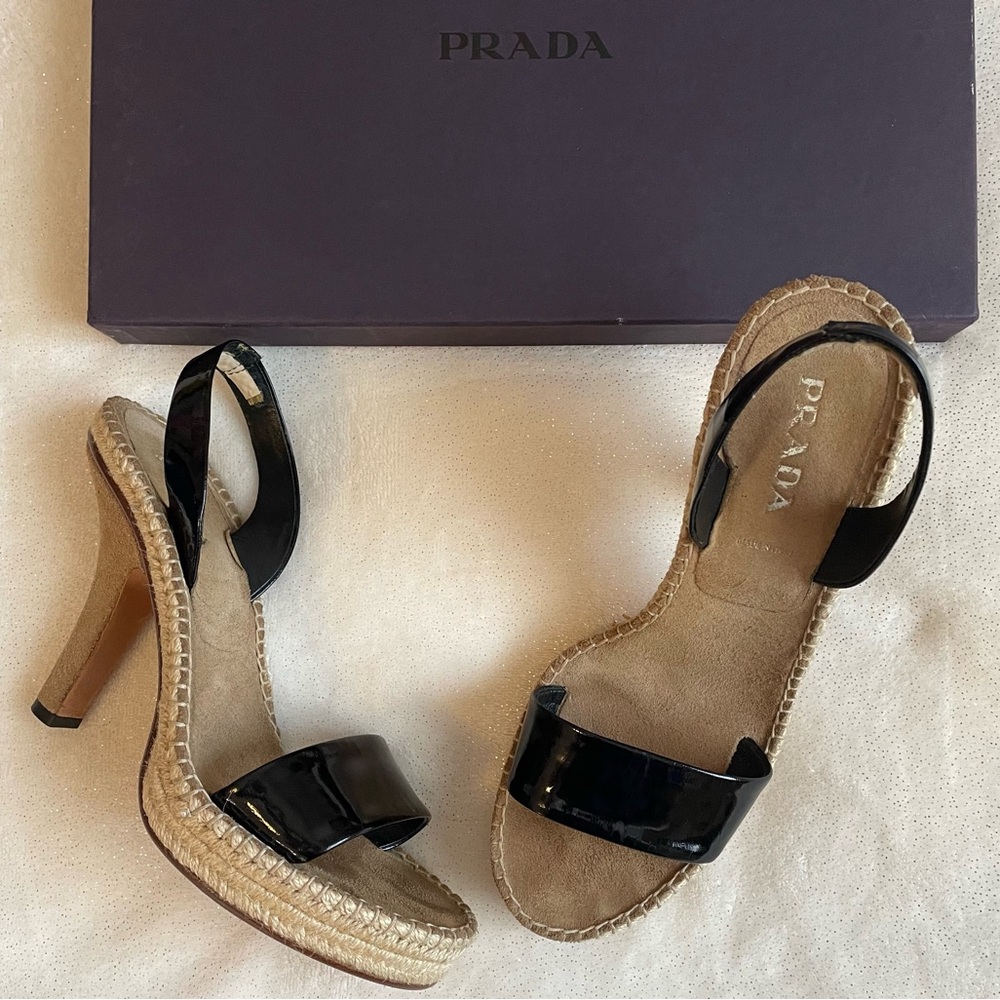 PRADA Black Patent Leather Sling Back Espadrille Platform Heeled Sandals ✨